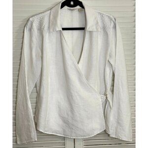 J.Jill Linen Wrap Top Sz S White Long Sleeve Smocked Shoulder Minimalist Coastal